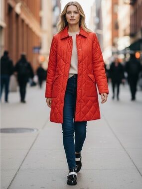 Vintage Mervyns 70s 80s Bright Red Long Quilted Light Weight Puffer Coat Size 18